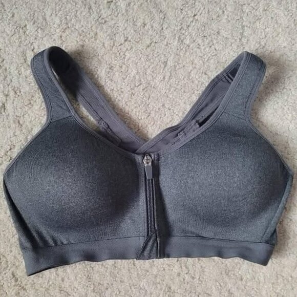 Medium grey front zip sports bra - Picture 1 of 3